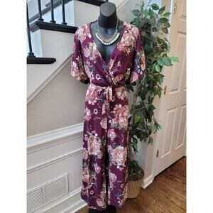Minette Floral Wrap Jumpsuit Women’s Size 2XL Burgundy Short Sleeves V Neck